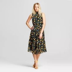 ‘Who What Wear’ Floral Belted Mock Neck Midi Dress